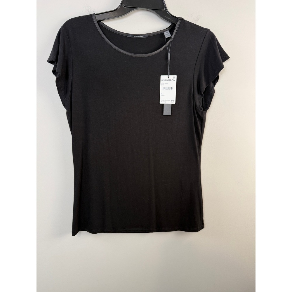 T Tahari Short Sleeve Top Womens Size M Black Satin Trim Flutter Sleeve Blouse
